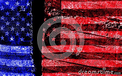 Distressed US flag split in two into Democrat and Republican blue and red Stock Photo