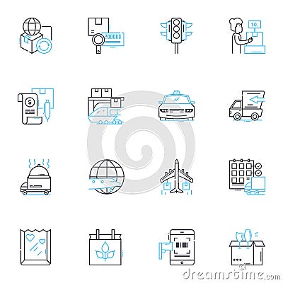 Distribution services linear icons set. Supply, Logistics, Dispatch, Transportation, Dispatching, Allocation, Storage Vector Illustration