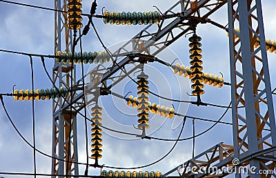 Distribution substation insulators Stock Photo