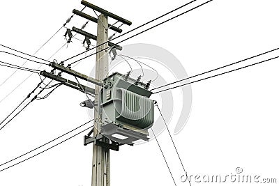 Distribution transformer on electric utility pole Stock Photo