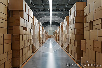 Distribution warehouse showcases stacked cardboard boxes in organized arrangement Stock Photo