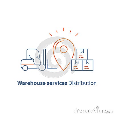 Distribution warehouse, supply storage service, logistics company, fork loader, pallet with stacked boxes, freight load Vector Illustration