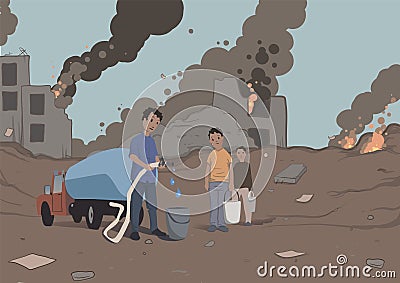 Distribution of water to the victims of the military conflict. Humanitarian aid. Water scarcity. Vector illustration. Vector Illustration