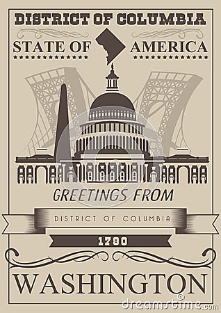 District of Columbia vector american poster. USA travel illustration. United States of America colorful greeting card. Washington Vector Illustration