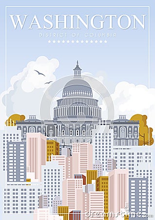 District of Columbia vector poster. USA travel illustration. United States of America colorful greeting card. Washington Vector Illustration