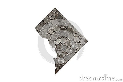 District of Columbia, Washington D.C. State Map Outline with Piles of United States Nickels, Money Concept Stock Photo