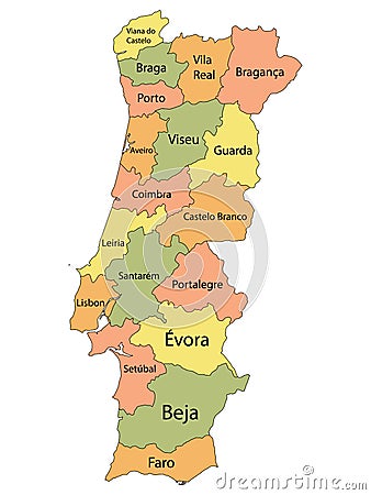 Districts Map of Portugal Vector Illustration