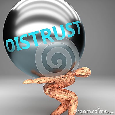 Distrust as a burden and weight on shoulders - symbolized by word Distrust on a steel ball to show negative aspect of Distrust, 3d Cartoon Illustration