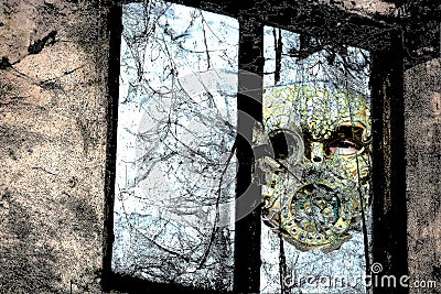 The man in the mask looks in the window Stock Photo