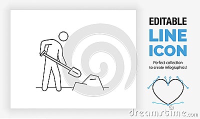 Ditable line icon of a stick figure shovelling Vector Illustration