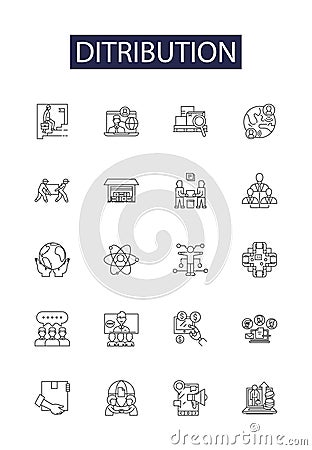 Ditribution line vector icons and signs. Circulate, Spread, Disseminate, Allocate, Disburse, Diffuse, Mete, Partition Vector Illustration