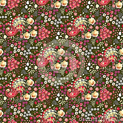 Ditsy floral seamless pattern in russian style. Cute fairy peacocks, leaves, roses, tulips flowers on dark green background Vector Illustration