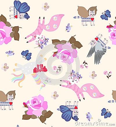 Ditsy seamless pattern with cute cartoon unicorns, winged tabby cats, jumping foxes and flying birds Vector Illustration