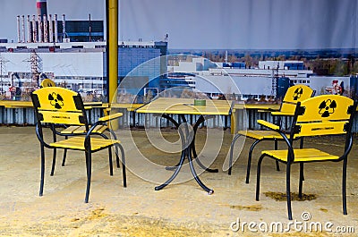 Place for smoking in front of checkpoint Dityatki in Chernobyl NPP alienation zone, Ukraine Editorial Stock Photo