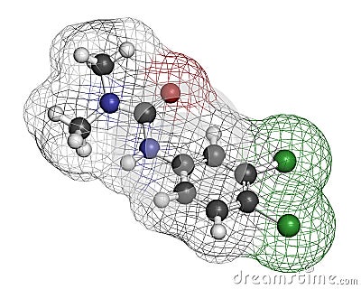 Diuron DCMU herbicide molecule. 3D rendering. Atoms are represented as spheres with conventional color coding: hydrogen white. Stock Photo