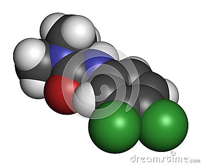 Diuron DCMU herbicide molecule. 3D rendering. Atoms are represented as spheres with conventional color coding: hydrogen white. Stock Photo