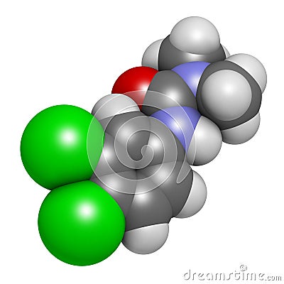 Diuron (DCMU) herbicide molecule. 3D rendering. Atoms are represented as spheres with conventional color coding: hydrogen (white Stock Photo