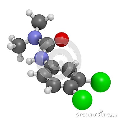 Diuron (DCMU) herbicide molecule. 3D rendering. Atoms are represented as spheres with conventional color coding: hydrogen (white Stock Photo