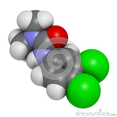 Diuron (DCMU) herbicide molecule. 3D rendering. Atoms are represented as spheres with conventional color coding: hydrogen (white Stock Photo