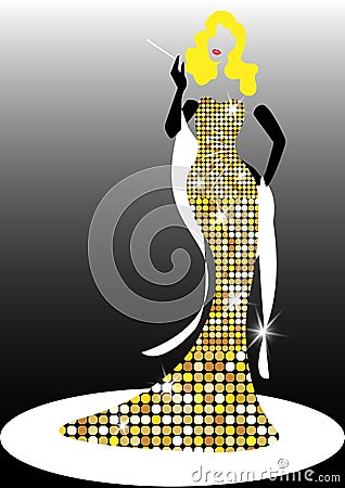 Diva Hollywood silhouette, Beautiful retro fashion blond woman, styling and evening dress 1940s 1950s, Vector Illustration