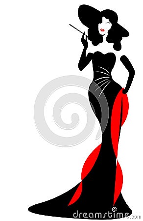 Shop logo fashion woman, black silhouette diva with hat in evening dress. Company logo design, Beautiful cover girl retro , Vector Illustration