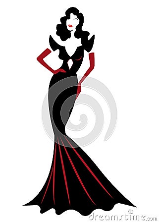 Diva Hollywood silhouette, Beautiful retro fashion woman in red party dress, luxury pret a porter evening dress, isolated Vector Illustration