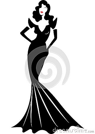 Diva Hollywood silhouette, Beautiful retro fashion woman in red party dress, luxury pret a porter evening dress, isolated Vector Illustration