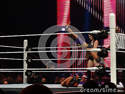 Diva Paige drops AJ lee on a Bella Sister in ring Editorial Stock Photo