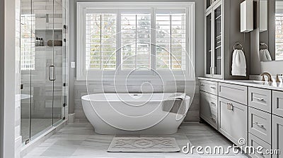 Elegant Modern Bathroom Interior with Freestanding Tub and Glass Shower Stock Photo