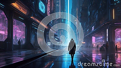 Astral Overture: Cyberpunk Hacker's Cosmic Prelude. Generative AI Stock Photo