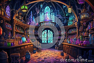 Bustling Witches' Potion Emporium: A Whimsical Cartoon Spectacle Cartoon Illustration