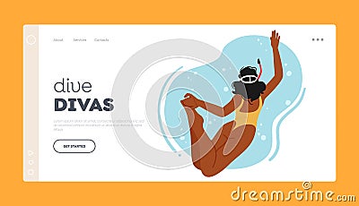 Dive Divas Landing Page Template. Female Swimmer Character Gracefully Glides Through Water, Arms Extended Vector Illustration