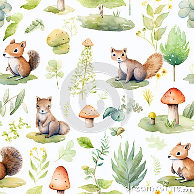 Seamless background with Squirrels and mushrooms Stock Photo