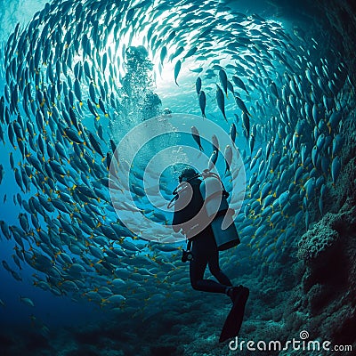 Dive exploration, fish ballet, scuba diver amidst, underwater symphony Stock Photo