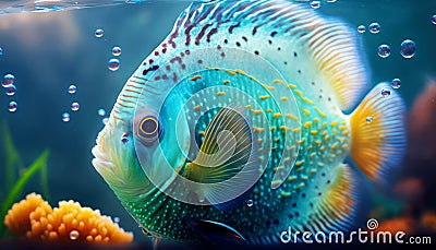 Mesmerizing Blue Discus Fish in the colorful reef. Generative AI Stock Photo