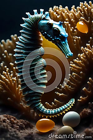 Enchanting Underwater Symphony: Blue Seahorse Amidst Vibrant Corals Cartoon Illustration
