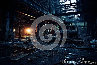 Eerie Resonance: Moonlit Ruins of a Forsaken Industrial Factory Stock Photo