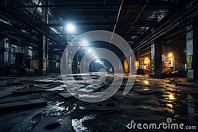 Eerie Resonance: Moonlit Ruins of a Forsaken Industrial Factory Stock Photo