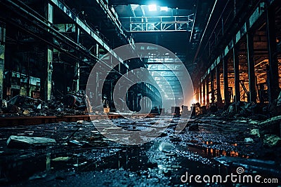 Eerie Resonance: Moonlit Ruins of a Forsaken Industrial Factory Stock Photo