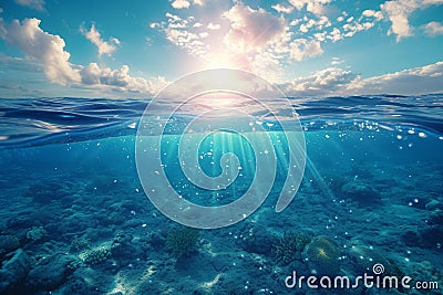 serene underwater scene with sunlit ocean waves, waterline, Generative AI Cartoon Illustration