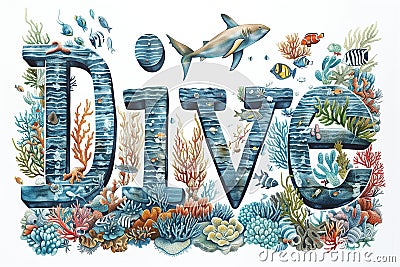 DIVE Typographic Illustration with Tropical Fish and Coral Reefs for Marine Conservation Awareness Stock Photo