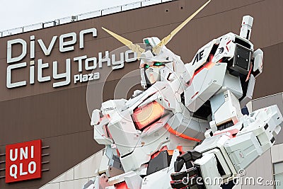 Diver City Tokyo Plaza Set up in front of a white unicorn gundam monument. Replacement of old model RX-78 M2 is a tourist attract Editorial Stock Photo
