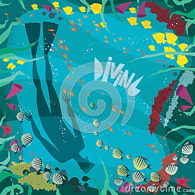 Diver in a coral reef Vector Illustration