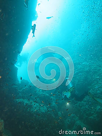 Diver is diving in the sea, Myanmar Stock Photo