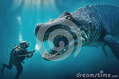 a diver encounters a prehistoric marine reptile in the deep ocean, with its long snout and armored body. Stock Photo