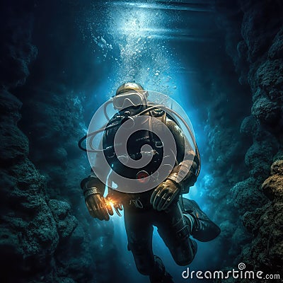 Diver explores the cracks, Crevices and holes in a coral reef in a deep ocean cavern Stock Photo