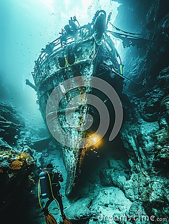 Diver exploring a shipwreck Stock Photo