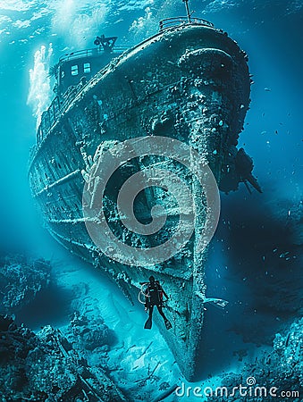 Diver exploring a shipwreck Stock Photo