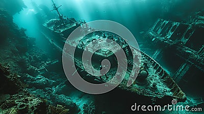 Diver exploring a shipwreck Stock Photo