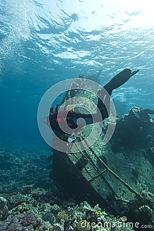 Diver exploring underwater shipwreck. Stock Photo